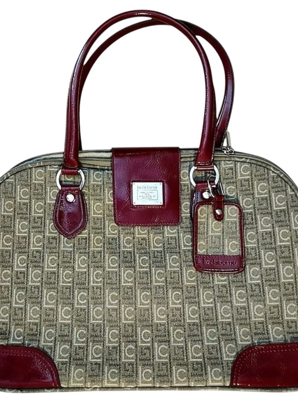Liz Claiborne Brown Monogram Tote with Burgundy Trim
